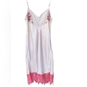 Pink slip dress with lace trim and embroidered flowers #cottagecore #fairy